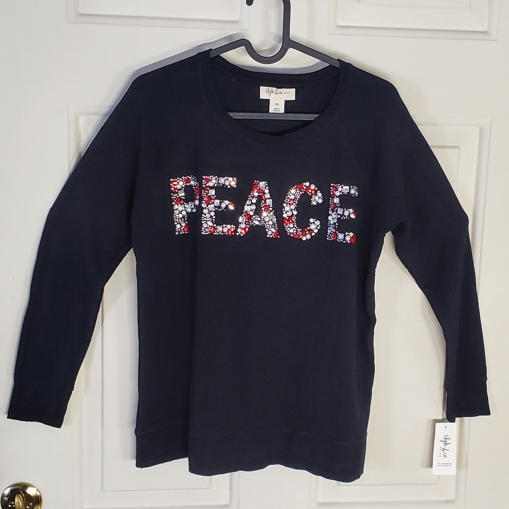 NWT- STYLE & CO Embellished PEACE Sweater Black Size PS